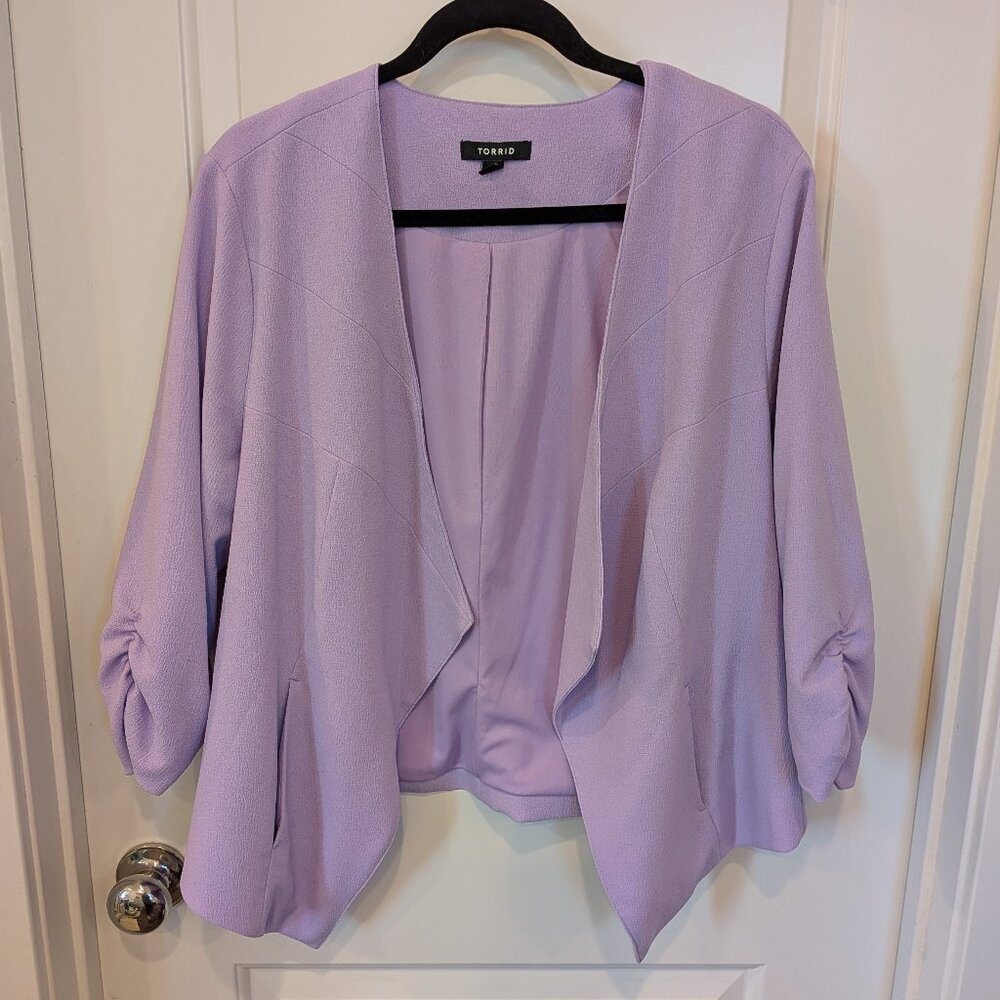 Torrid Lilac Draped Blazer Ruched Sleeves Open Front Size 0